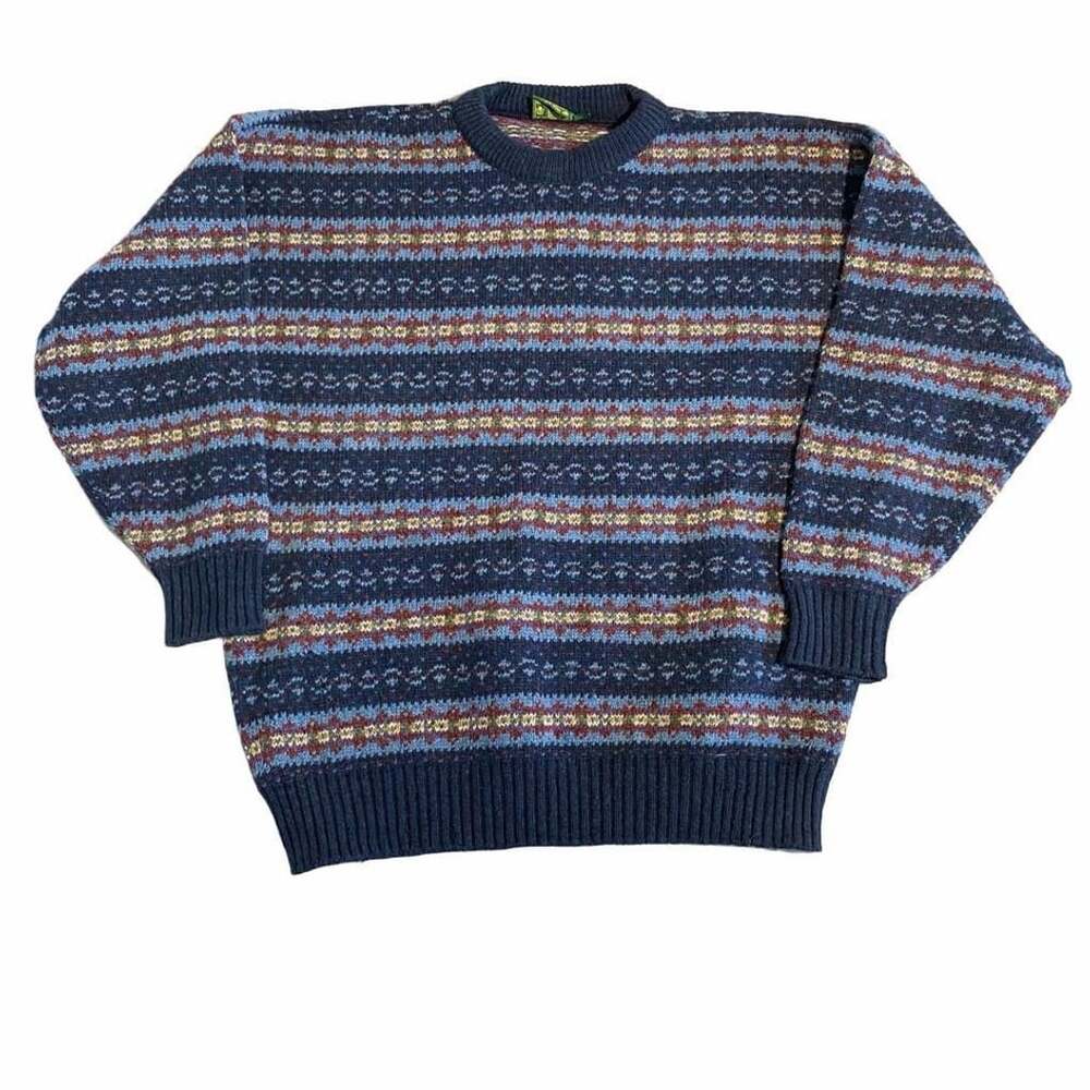 Club Wool Sweater Size XL Blue Fair Isle Nordic Pullover Scotland